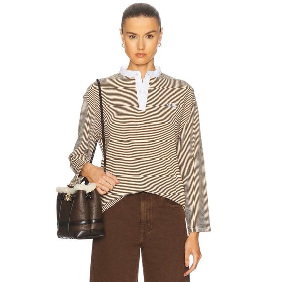 BODE Newton Stripe Polo in Brown Cream X-Small New Womens Shirt Top - Picture 1 of 12